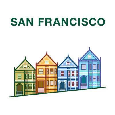 Sticker Kleurrijke San Francisco straat illustratie met Victoriaanse huizen in de lijn art stijl