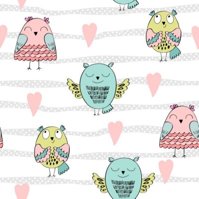 Sticker Kleurrijke uilen onder harten vrolijke illustratie