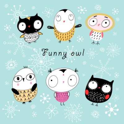 Sticker Kleurrijke uilen op een winterse achtergrond