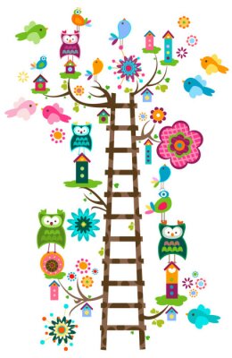 Kleurrijke vogels en een houten ladder