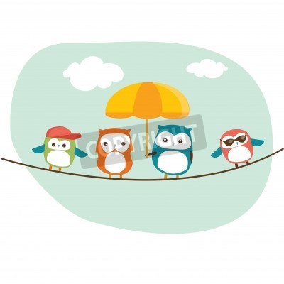 Sticker Kleurrijke vogels zittend op een touw