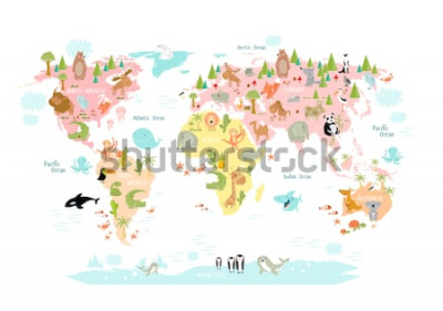 Sticker Kleurrijke wereldkaart met afbeeldingen van dieren