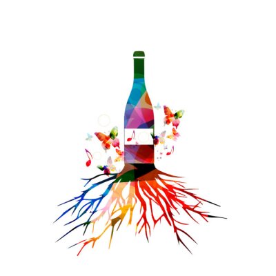 Sticker Kleurrijke wijnfles met boomwortel vector illustratie. Alcohol drinken en drinken achtergrond. Feestelijke feesten, evenementen en party design. Wijnmakerij, restaurant, wijnproeven design. fles geïso