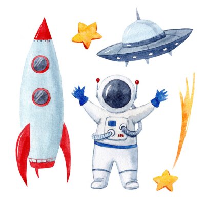 Sticker Komeet astronaut ster en raket tekening