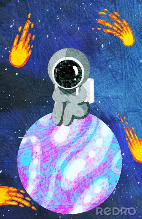 Sticker Komeet astronaut zittend op de planeet