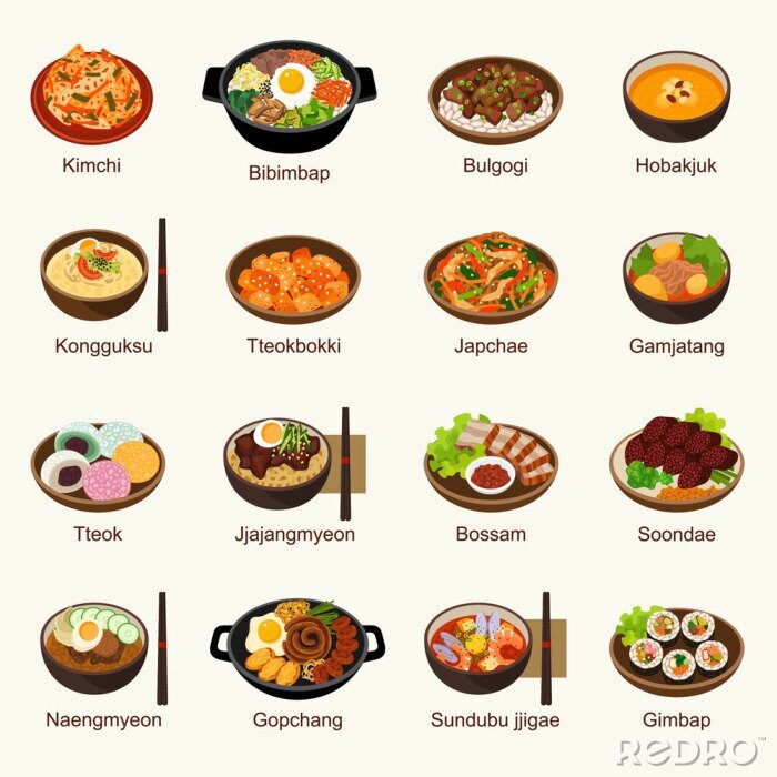 Sticker Koreaans voedsel vector illustratie set