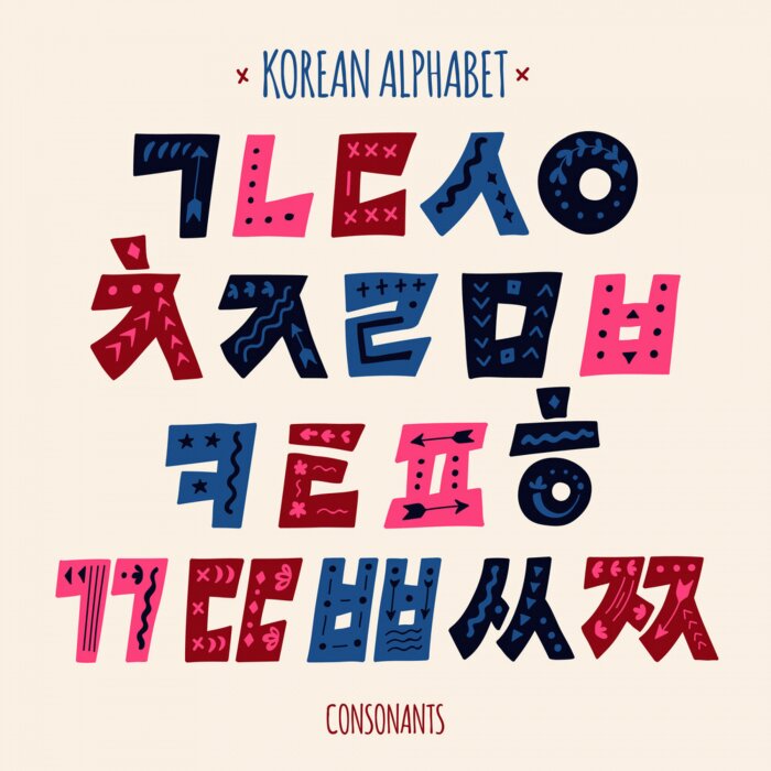 Sticker Korean vector alphabet set. Hangul consonants in a hand drawn style. Bold letters with ethnic decorative ornament. Isolated symbols.