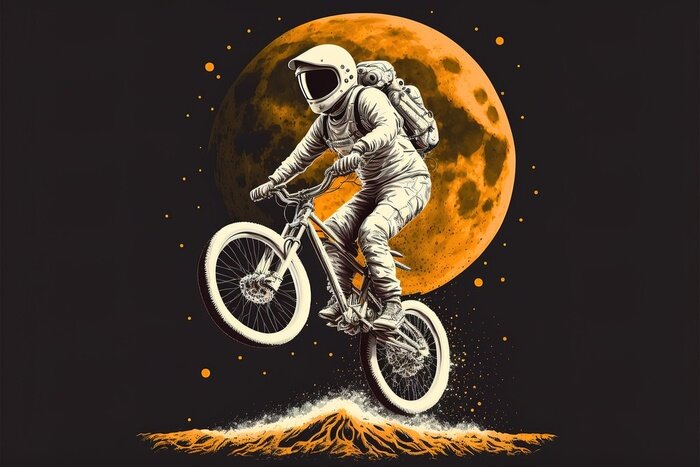 Sticker Kosmonaut op een fiets in de ruimte van het universum