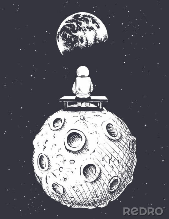 Sticker Kosmonaut zittend op een bankje op de maan kijkend naar de aarde