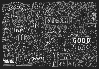 Sticker Krijtbord keuken kunst, Blackboard belettering kunst aan de muur, keuken schoolbord teken. Cafe sjabloonontwerp. Restaurant muur typografie.