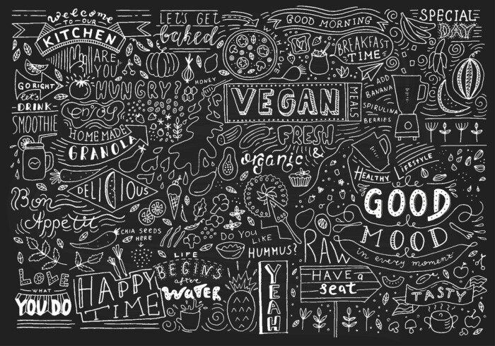 Sticker Krijtbord keuken kunst, Blackboard belettering kunst aan de muur, keuken schoolbord teken. Cafe sjabloonontwerp. Restaurant muur typografie.