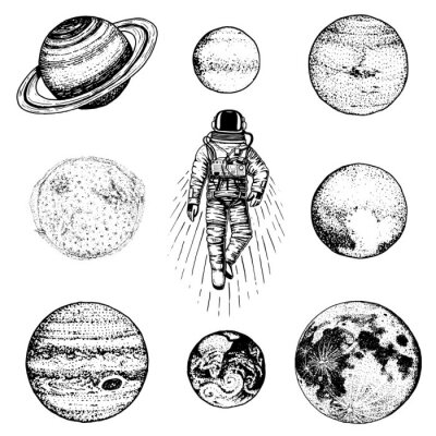 Sticker Kunstwerk van astronauten en planeten in het zonnestelsel