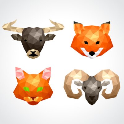 Sticker Laag poly dieren bull fox kat ram vector set