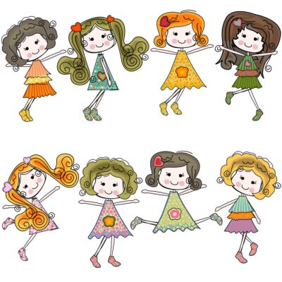 Lachende meisjes in kleurrijke jurken