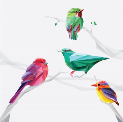Sticker lage veelhoek stijl kleurrijke vogels op boomtakken set collectie
