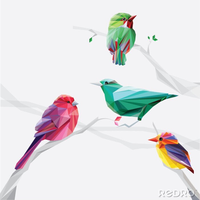 Sticker lage veelhoek stijl kleurrijke vogels op boomtakken set collectie