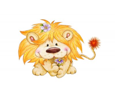Sticker Leeuw cartoon leeuw met bloemen in de manen