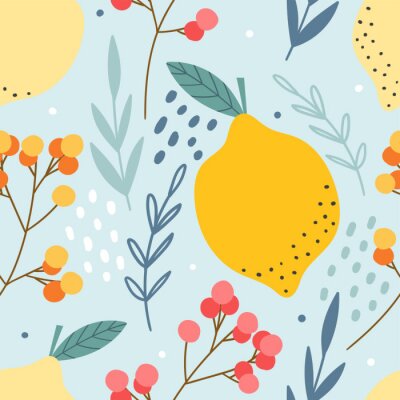 Sticker Lemons and berries seamless pattern for print, textile, fabric. Hand drawn citrus fruits background.