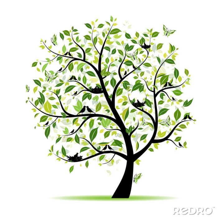 Sticker Lente tree green met vogels voor uw ontwerp