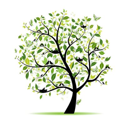 Sticker Lente tree green met vogels voor uw ontwerp
