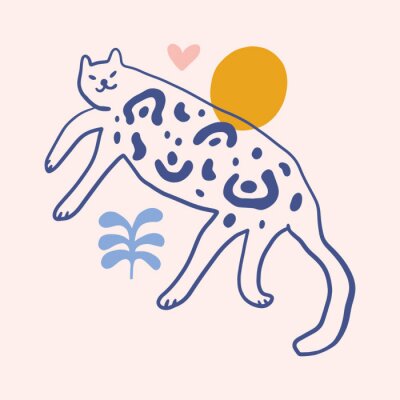 Sticker Leopard cat groovy cute comic character boho doodle modern art print funny handdrawn childish cartoon funky trendy style vector illustration clipart