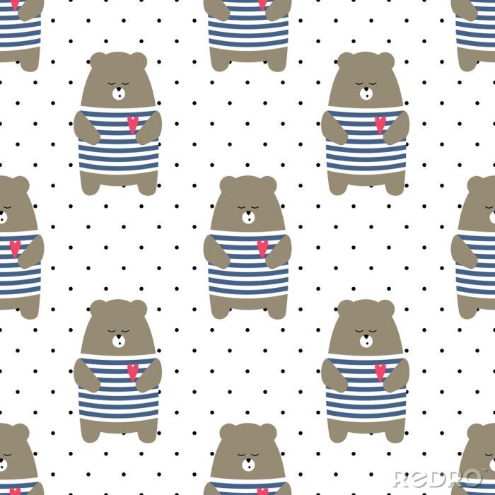 Sticker Leuk draag naadloos patroon op stippen achtergrond. Cartoon Parijse teddybeer vector illustratie. Child tekenstijl achtergrond dier. Ontwerp voor stof, textiel etc.