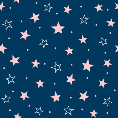 Leuk naadloos patroon met verspreide sterren en ronde punten. Herhaalde girly-print. Blauwe, roze, witte kleuren.