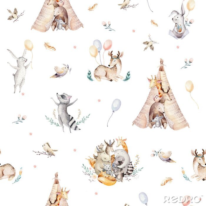 Sticker Leuke familie baby raccon, hert en konijn. dierlijke kinderdagverblijfgiraf, en beer geïsoleerde illustratie. Aquarel boho raccon tekening kwekerij naadloze patroon. Kinderen achtergrond, kinderkamer 