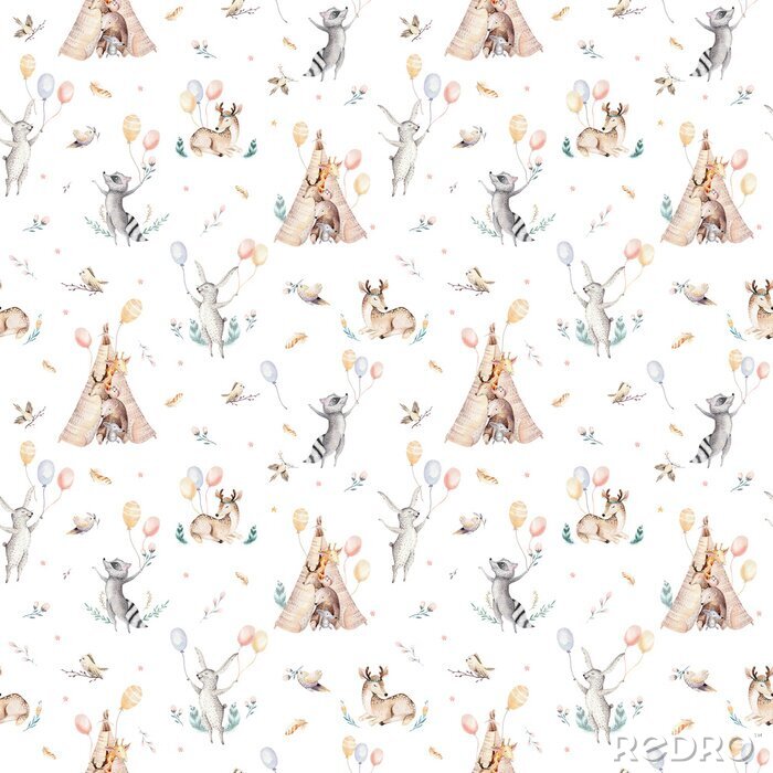 Sticker Leuke familie baby raccon, hert en konijn. dierlijke kinderdagverblijfgiraf, en beer geïsoleerde illustratie. Aquarel boho raccon tekening kwekerij naadloze patroon. Kinderen achtergrond, kinderkamer 