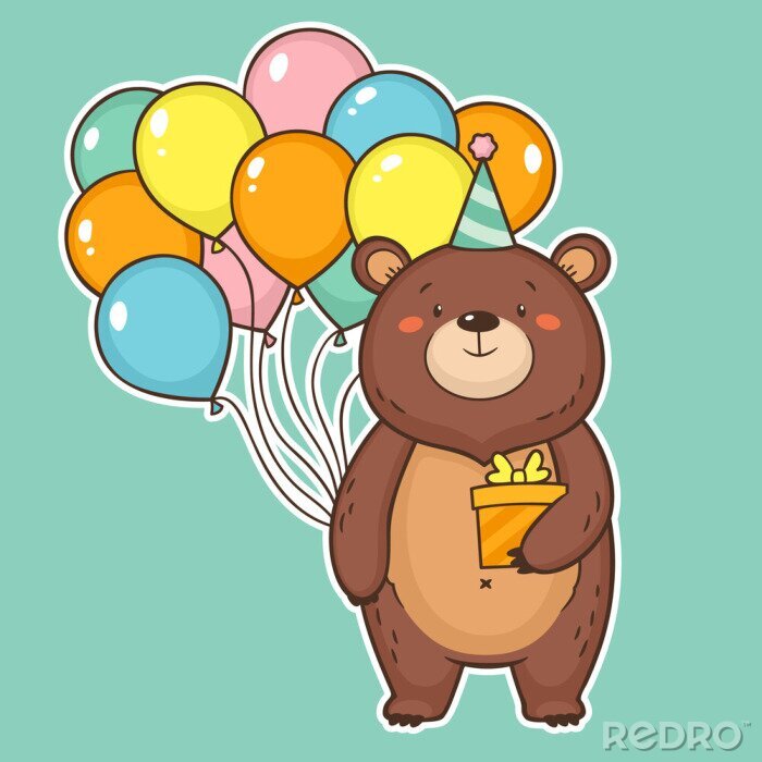 Sticker Leuke gelukkige verjaardagskaart met grappige beer met lucht ballonnen en een geschenkdoos. Gelukkige verjaardag kleurrijke wenskaart. Vector illustratie