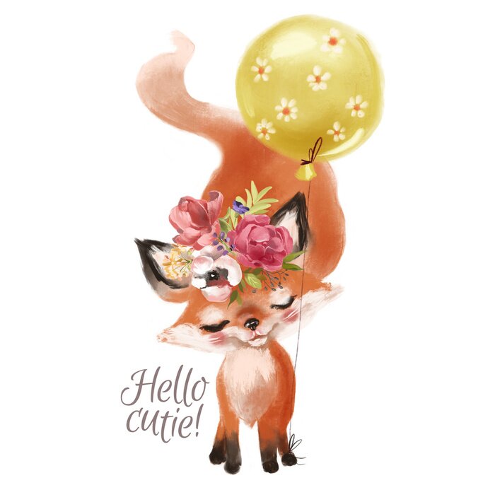 Sticker Leuke hand getrokken baby prinses fox met bloemen krans, boeket, bloemen en ballon