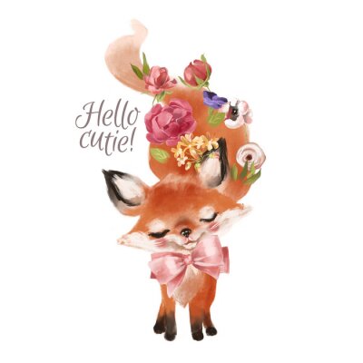 Sticker Leuke hand getrokken baby prinses vos met bloemen krans, boeket, bloemen en gebonden boog