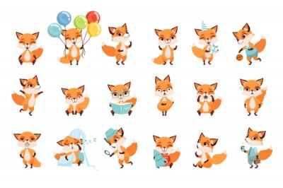 Sticker Leuke kleine vossen die verschillende emoties en acties tonen. Stripfiguren van bosdieren. Platte vector ontwerp voor mobiele app, sticker, kinderen afdrukken, wenskaart
