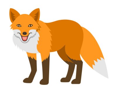 Sticker Leuke lachende rode vos vector cartoon illustratie. Wild dierentuin dier pictogram. Rotsachtige volwassen roofdier staande. Geïsoleerd op wit. Bos fauna kinderlijk karakter. Eenvoudig plat designeleme