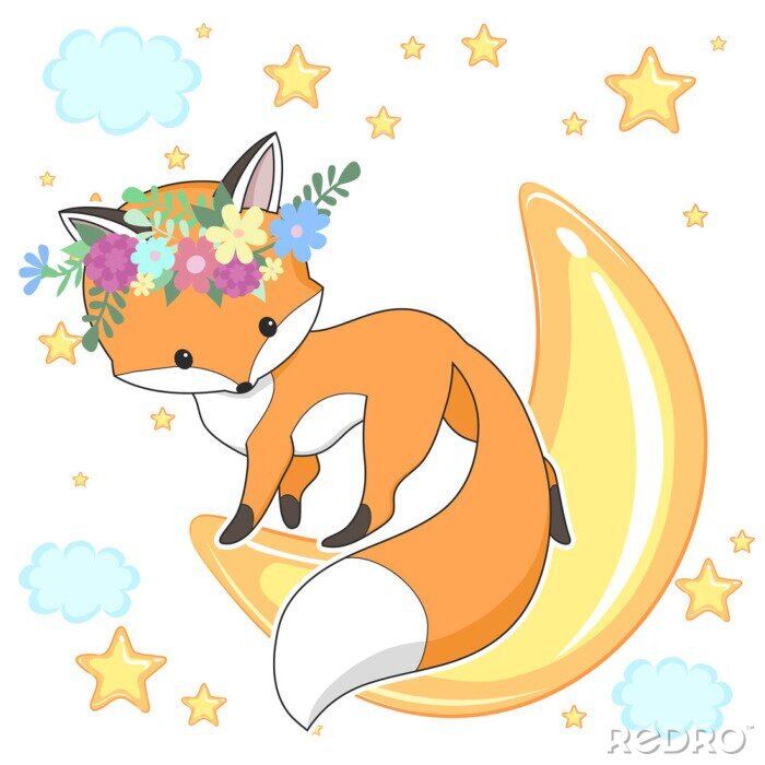 Sticker Leuke rode vos in een bloemkroon
