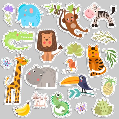 Leuke set stickers van safari dieren en bloemen. Savanne en safari grappige cartoon sticker dieren. Jungle dieren vector set sticker elementen. Krokodil, giraffe, leeuw en aap, en andere