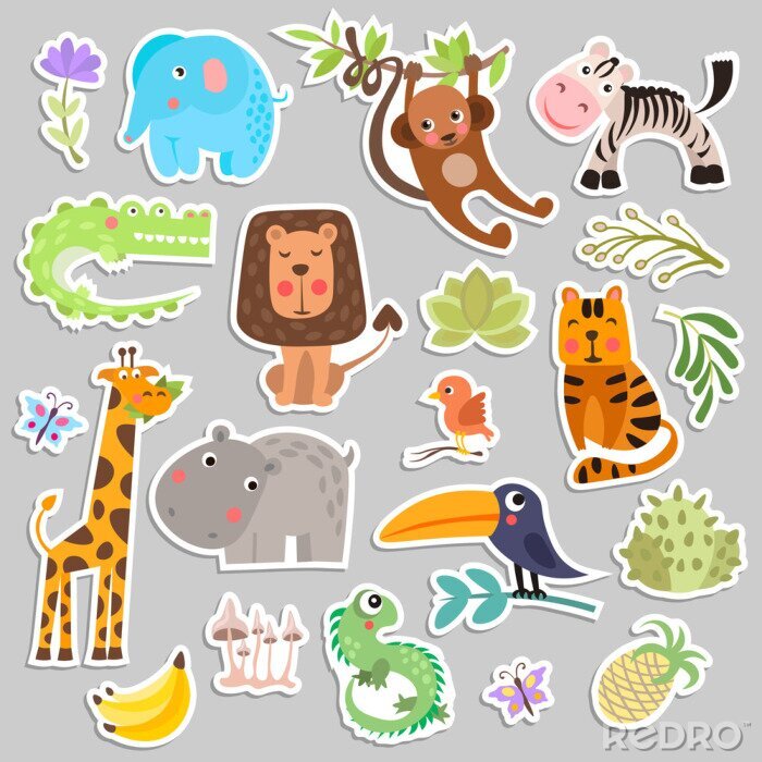Sticker Leuke set stickers van safari dieren en bloemen. Savanne en safari grappige cartoon sticker dieren. Jungle dieren vector set sticker elementen. Krokodil, giraffe, leeuw en aap, en andere