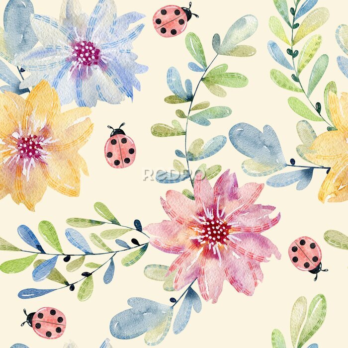 Sticker Lieveheersbeestjes tussen kleurrijke aquarel bloemen