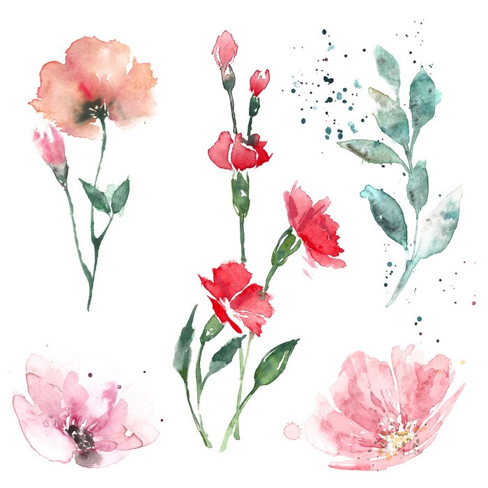 Sticker Light watercolor illustrations of flowers and leaves in pastel colors.