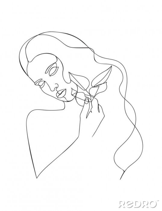 Sticker Lijntekeningen van een vrouw die bladeren vasthoudt