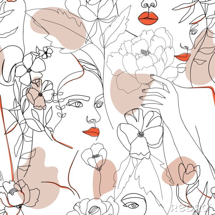 Sticker Line-art gezichten tussen bloemen