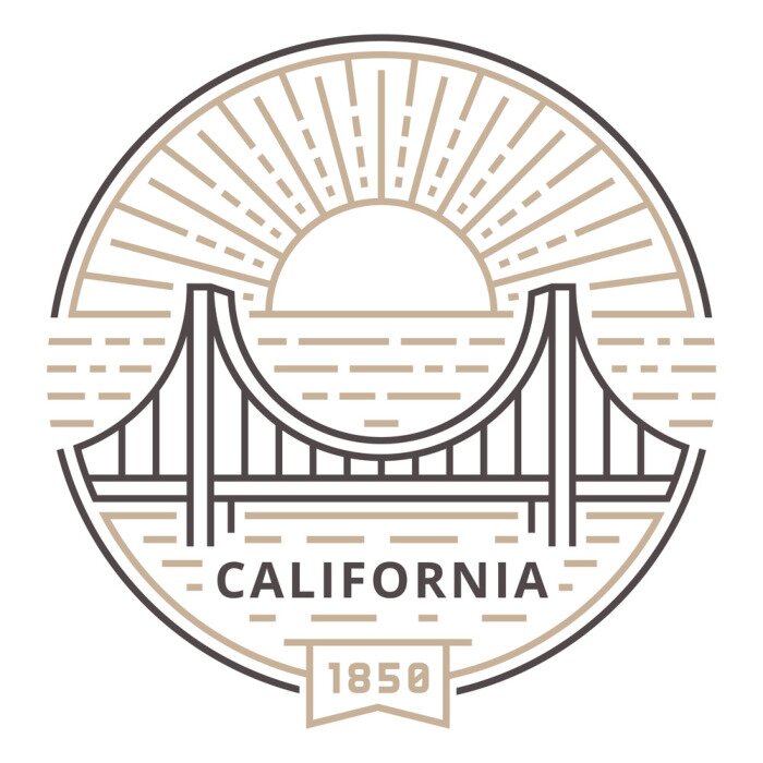 Sticker Linear Golden Gate Bridge in San Francisco against the sun as an emblem