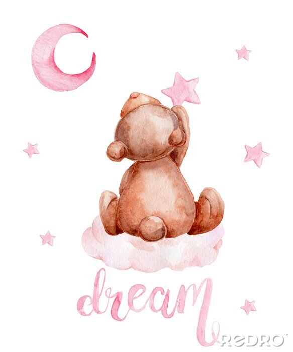 Sticker Little brown teddy bear sitting on a cloud and moon and stars; watercolor hand draw illustration; with white isolated background