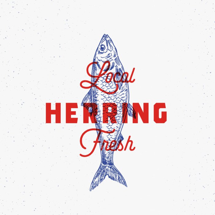 Sticker Local Fresh Herring. Abstract Vector Sign, Symbol or Logo Template. Hand Drawn Herring Fish with Classy Retro Typography. Vintage Vector Emblem with Retro Print Effect.