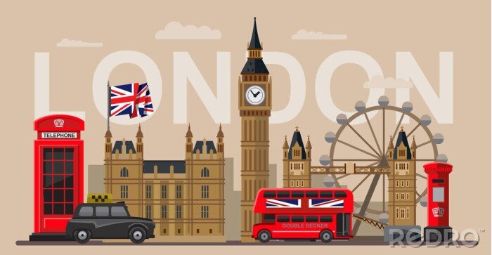 Sticker Londen en stadsattracties inscriptie