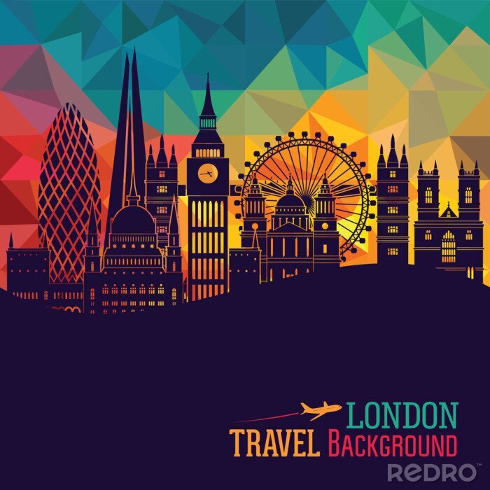 Sticker Londen (Engeland) skyline van de stad vector achtergrond. Flat trendy afbeelding.