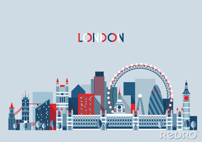 Sticker Londen, Engeland Skyline van de stad Vector. Flat Trendy.