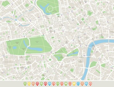 Londen Kaart en navigatie pictogrammen. Kaart omvat straten, parken, namen van onderdistricten, interessante punten.