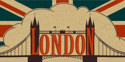 Sticker London, de Tower Bridge op de achtergrond van de vlag van het Verenigd Koninkrijk