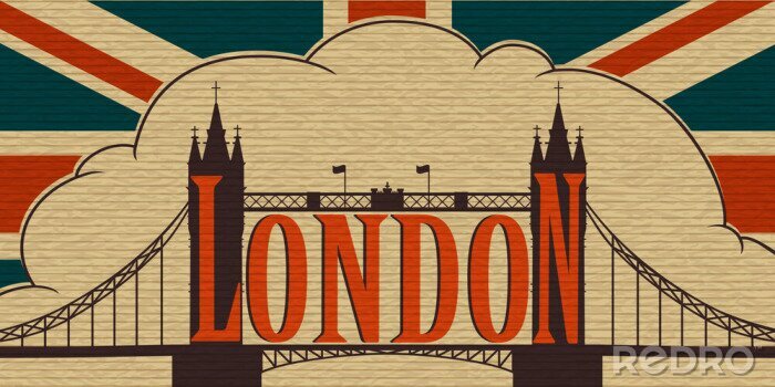 Sticker London, de Tower Bridge op de achtergrond van de vlag van het Verenigd Koninkrijk